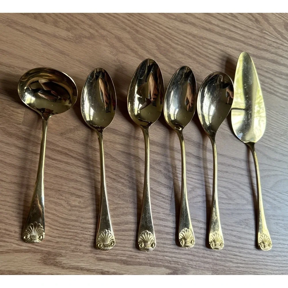6pc Azuma Japan 24K Gold EP Hostess Set Pierced Vegetable Spoon Pie Server Ladle